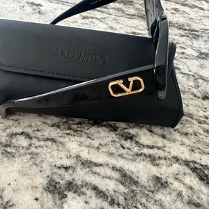Valentino Glossy Black Sunglasses with Gold Logo